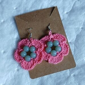 Handmade Pink Crochet Flower Earrings with Mint Beads